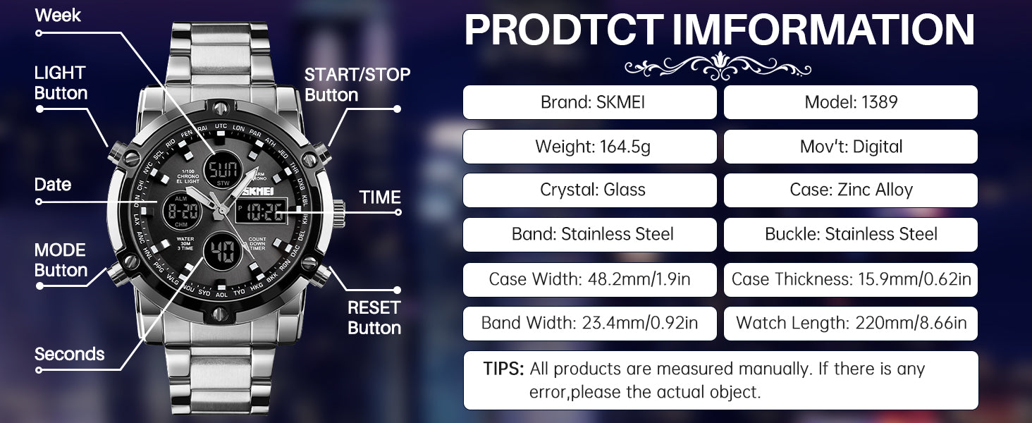 SKMEI Mens Wrist Watch, Waterproof Military Analog Digital Watches with LED Multi Time Chronograph, Stainless Steel Business Watches for Men