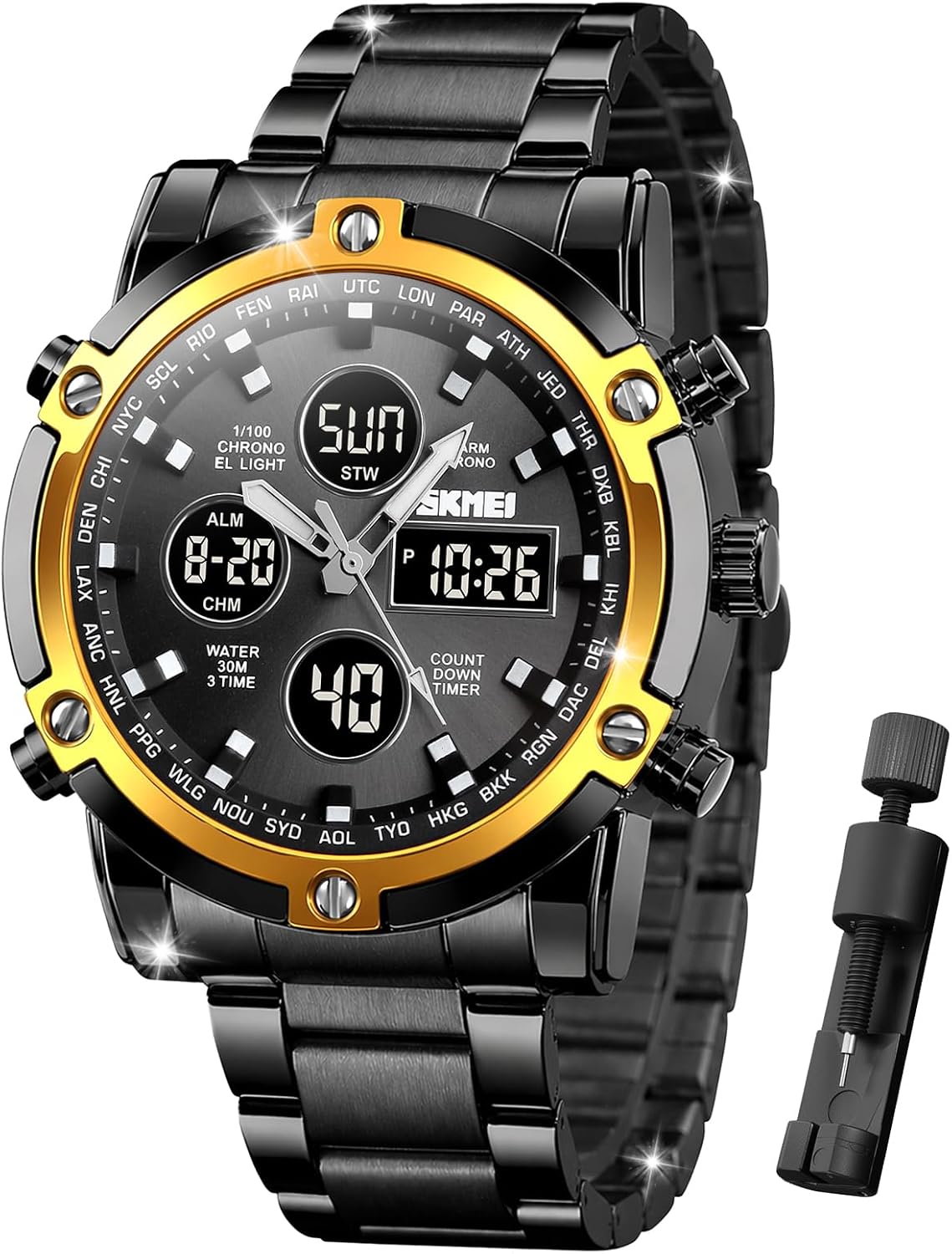 SKMEI Mens Wrist Watch, Waterproof Military Analog Digital Watches with LED Multi Time Chronograph, Stainless Steel Business Watches for Men
