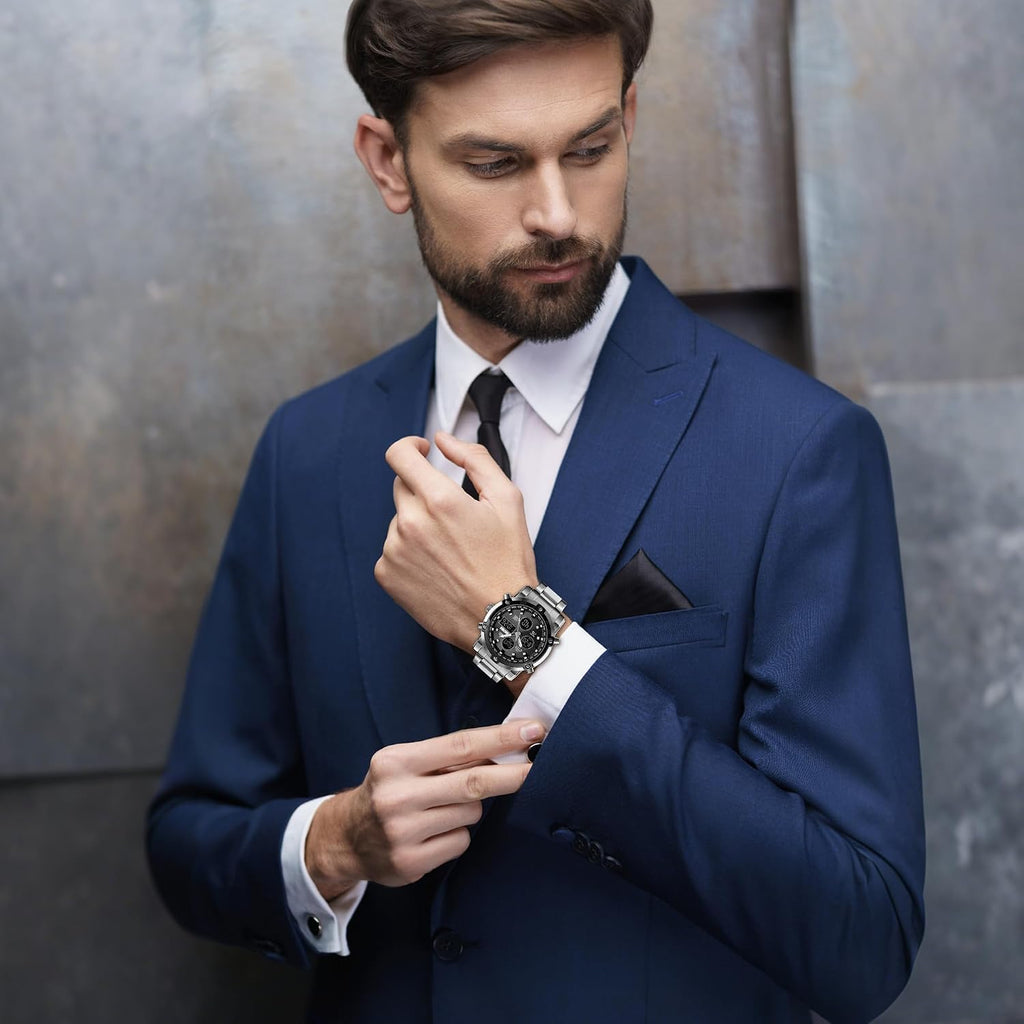 SKMEI Mens Wrist Watch, Waterproof Military Analog Digital Watches with LED Multi Time Chronograph, Stainless Steel Business Watches for Men