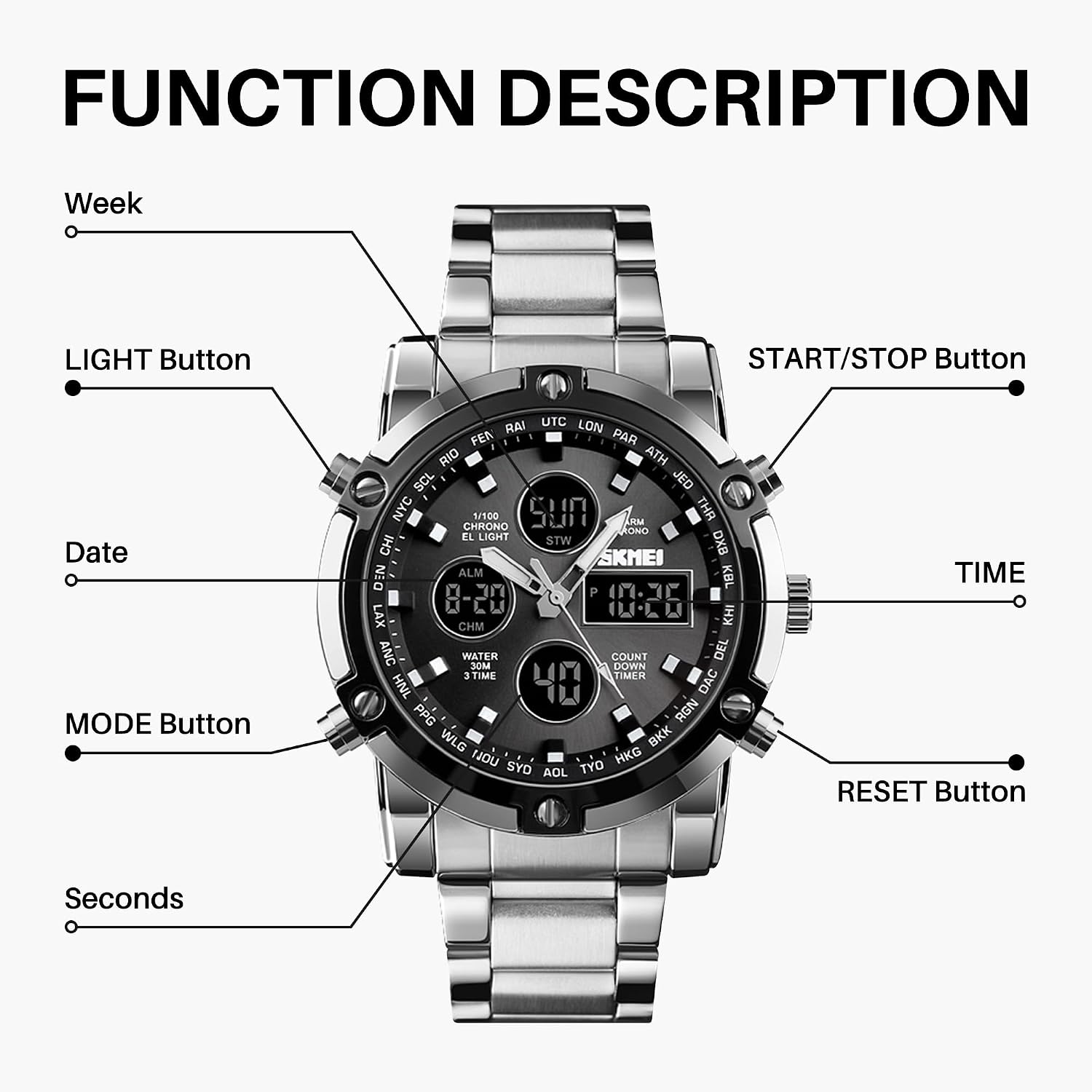 SKMEI Mens Wrist Watch, Waterproof Military Analog Digital Watches with LED Multi Time Chronograph, Stainless Steel Business Watches for Men