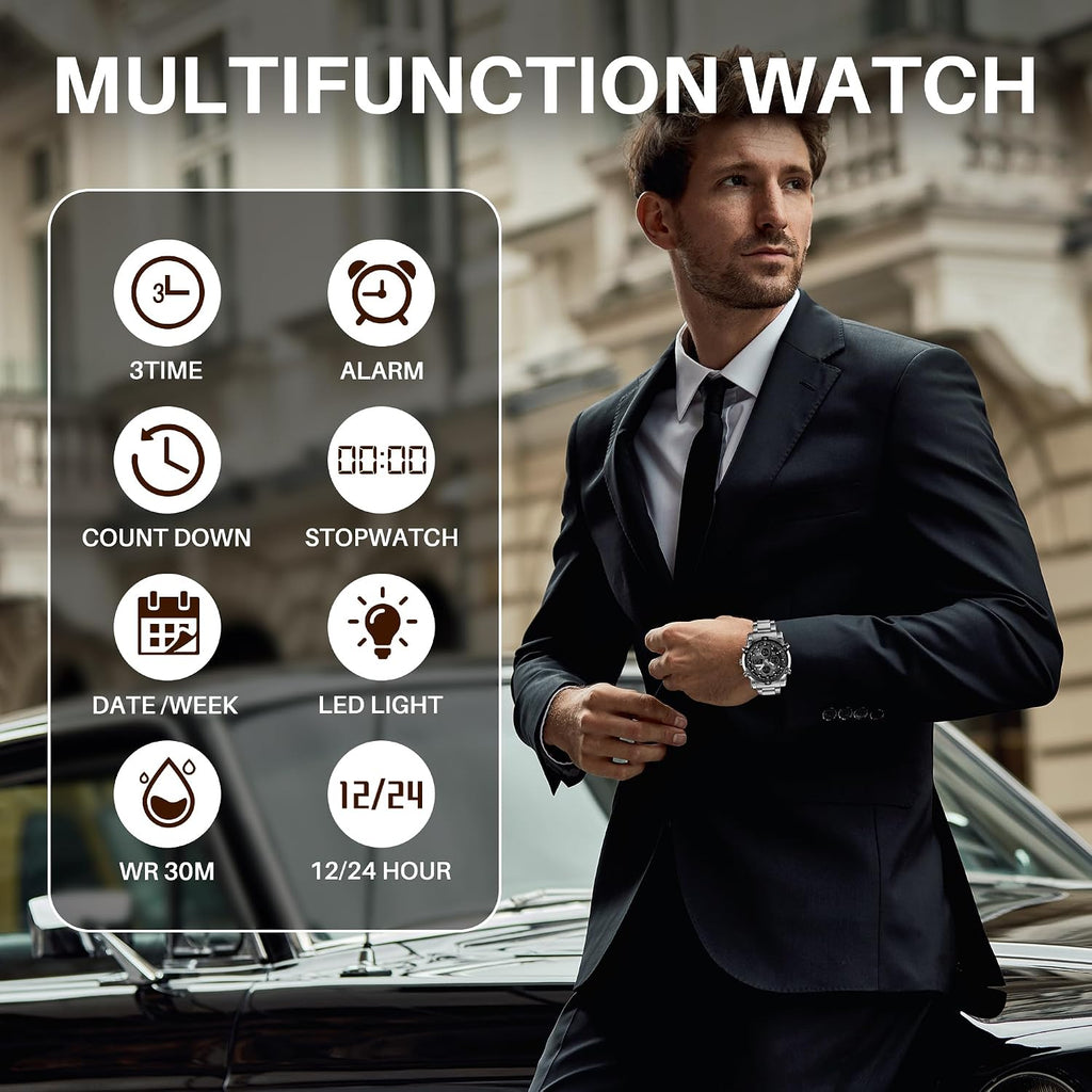 SKMEI Mens Wrist Watch, Waterproof Military Analog Digital Watches with LED Multi Time Chronograph, Stainless Steel Business Watches for Men