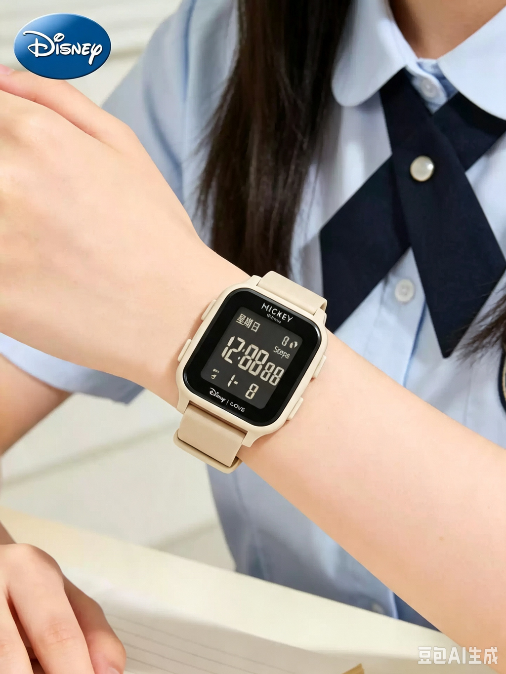 Disney Mickey Square Digital Watch, 50M Waterproof Student Watch with Step Counter