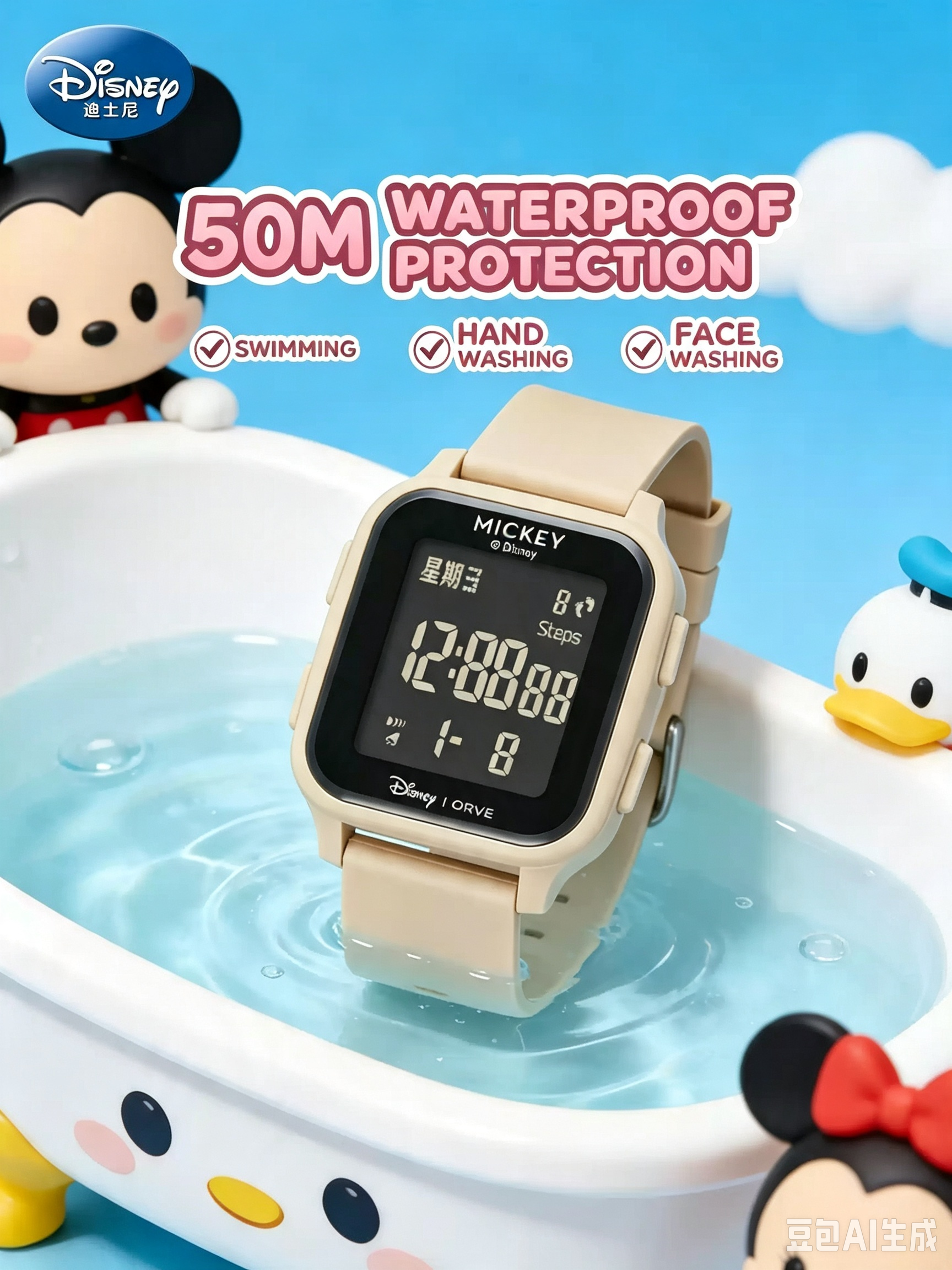 Disney Mickey Square Digital Watch, 50M Waterproof Student Watch with Step Counter