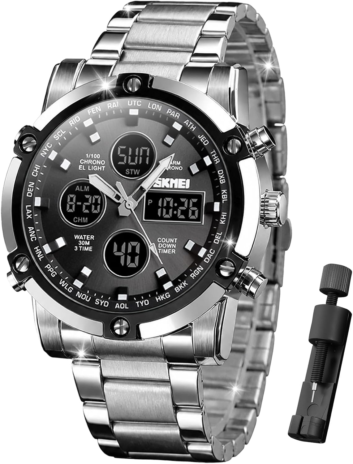 SKMEI Mens Wrist Watch, Waterproof Military Analog Digital Watches with LED Multi Time Chronograph, Stainless Steel Business Watches for Men