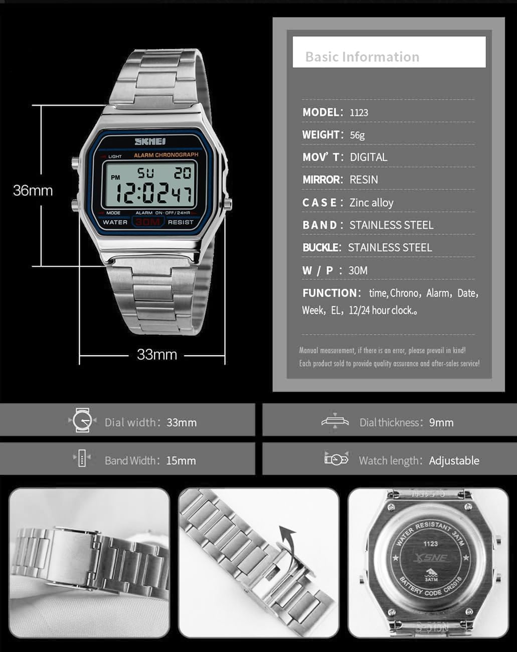 SNE Men's Digital Watch Stainless Steel Band Water Resistant Electronic Square LED Back Light Wristwatch