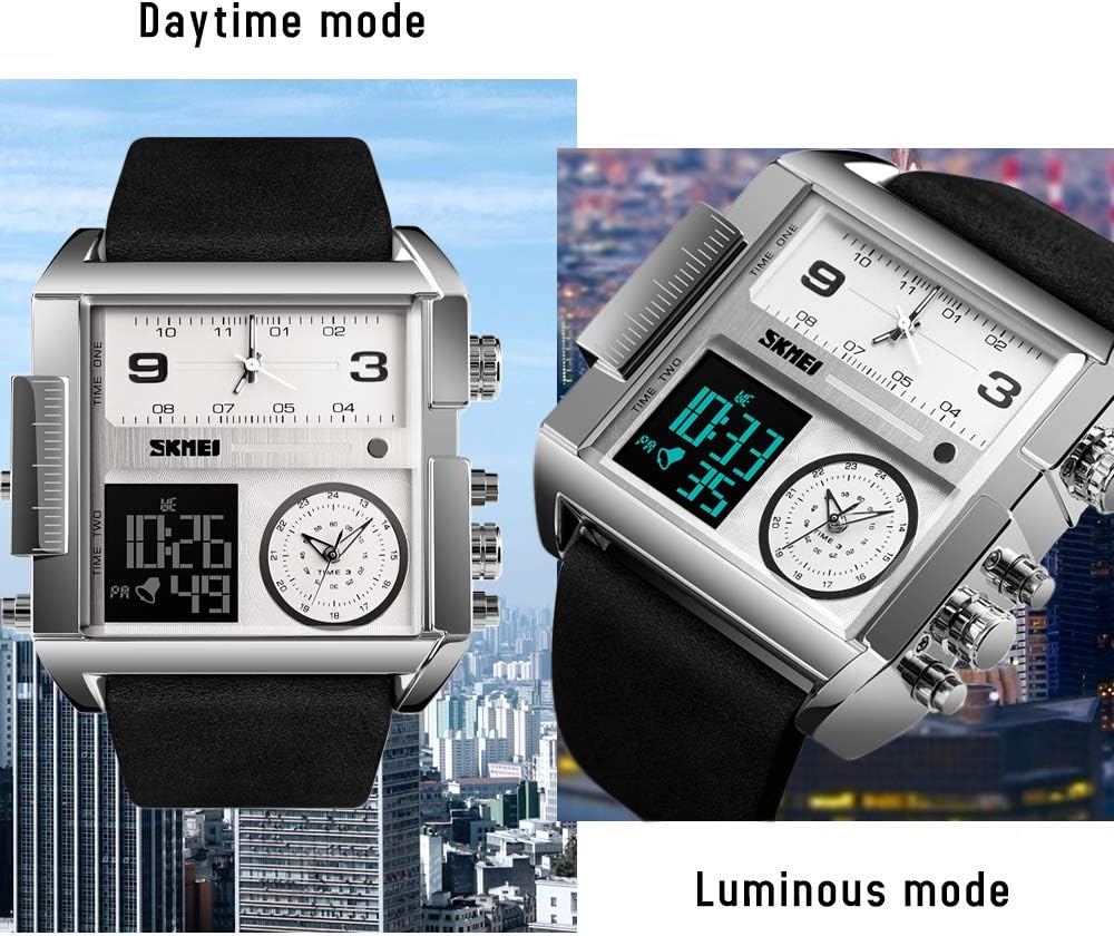 SKMEI Men's Digital Sports Watch, LED Square Large Face Analog Quartz Wrist Watch with Multi-Time Zone Waterproof Stopwatch