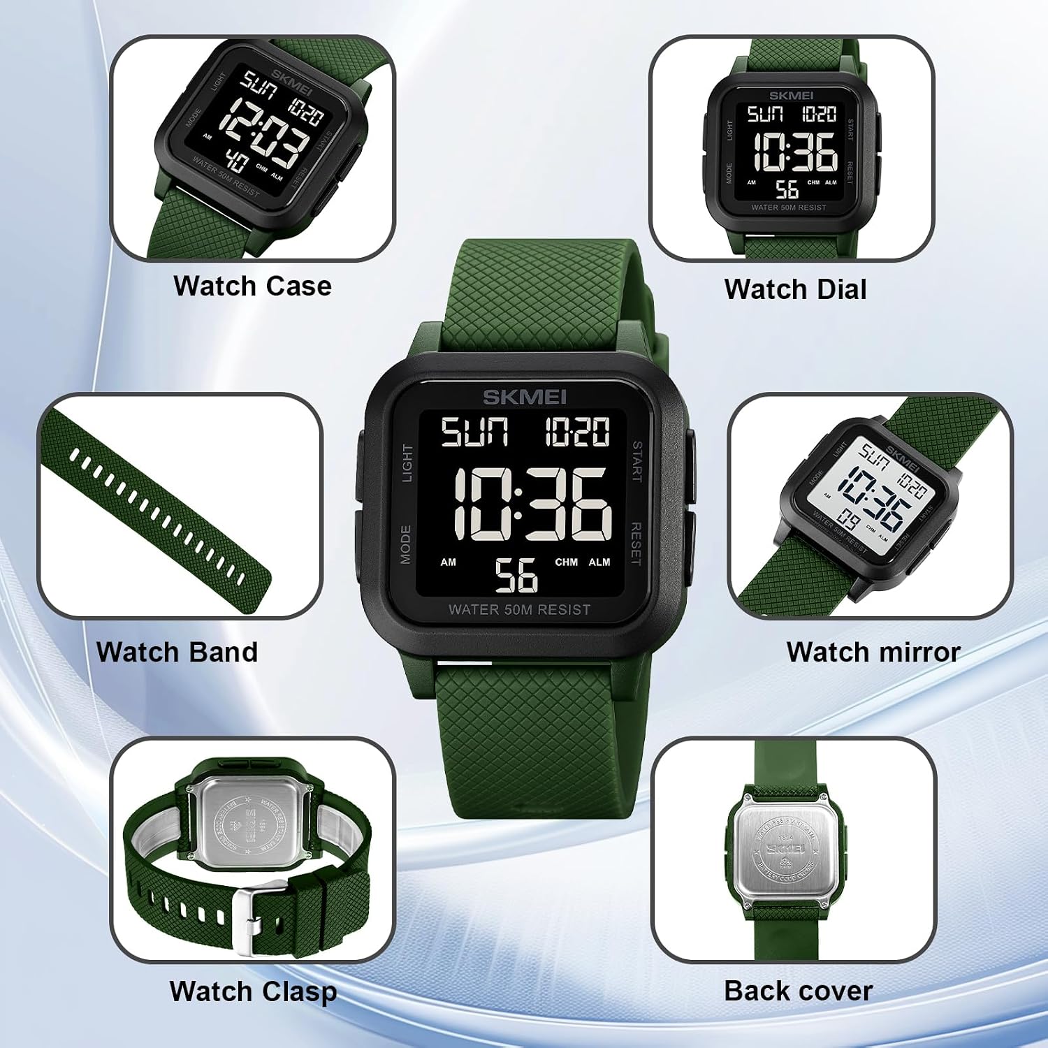 SKMEI Watches for Men,Military Square Ultra-Thin Digital Women Watch with Dual Time 50M Waterproof LED Light Alarm Stopwatch Unisex Sports Watch