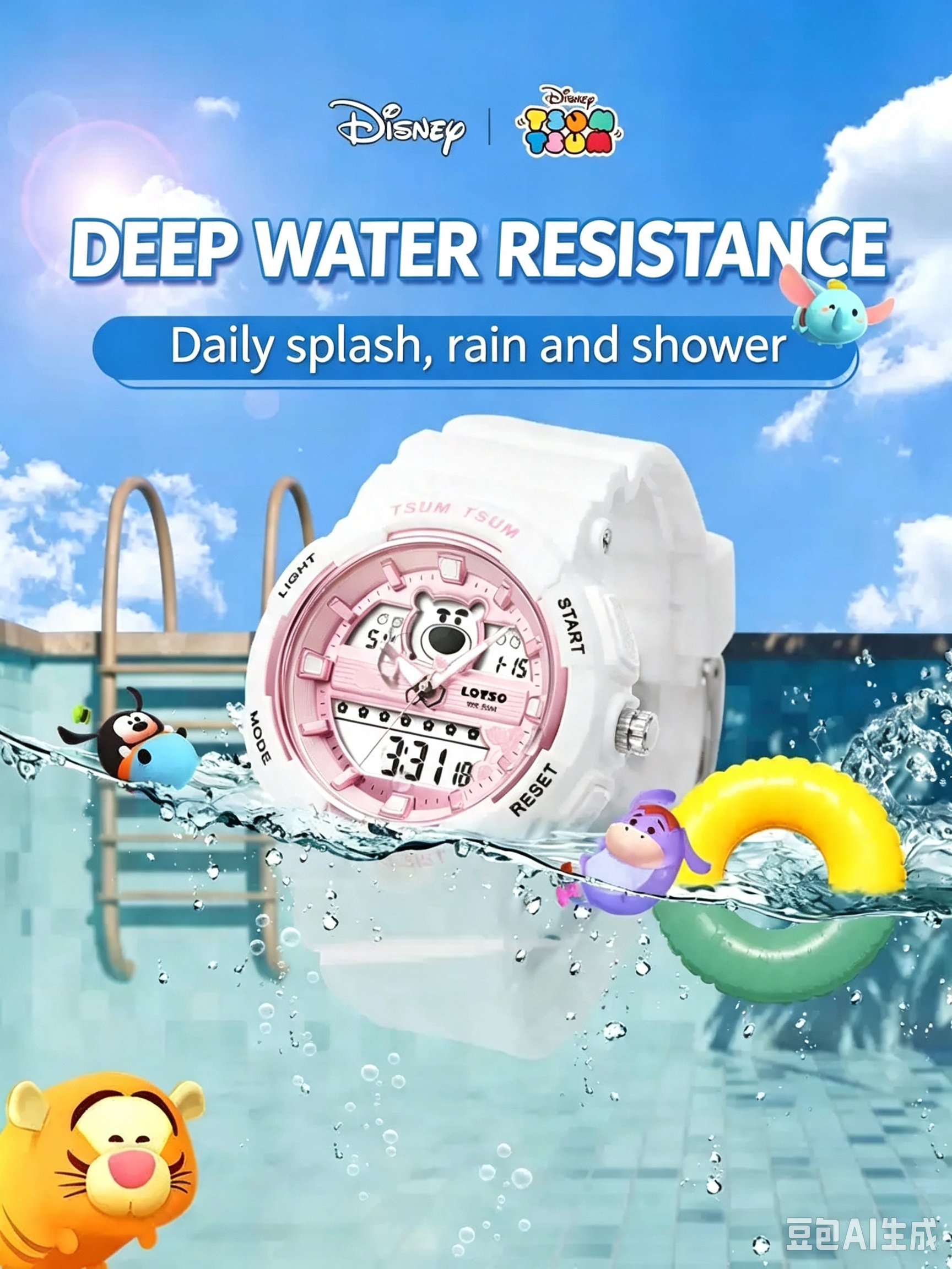 Disney Lotso TSUM TSUM Sports Watch, 50M Waterproof Shock Resistant Analog‑Digital Wrist Watch with Alarm Stopwatch Backlight Calendar, Student Teen Girls Gift Watch