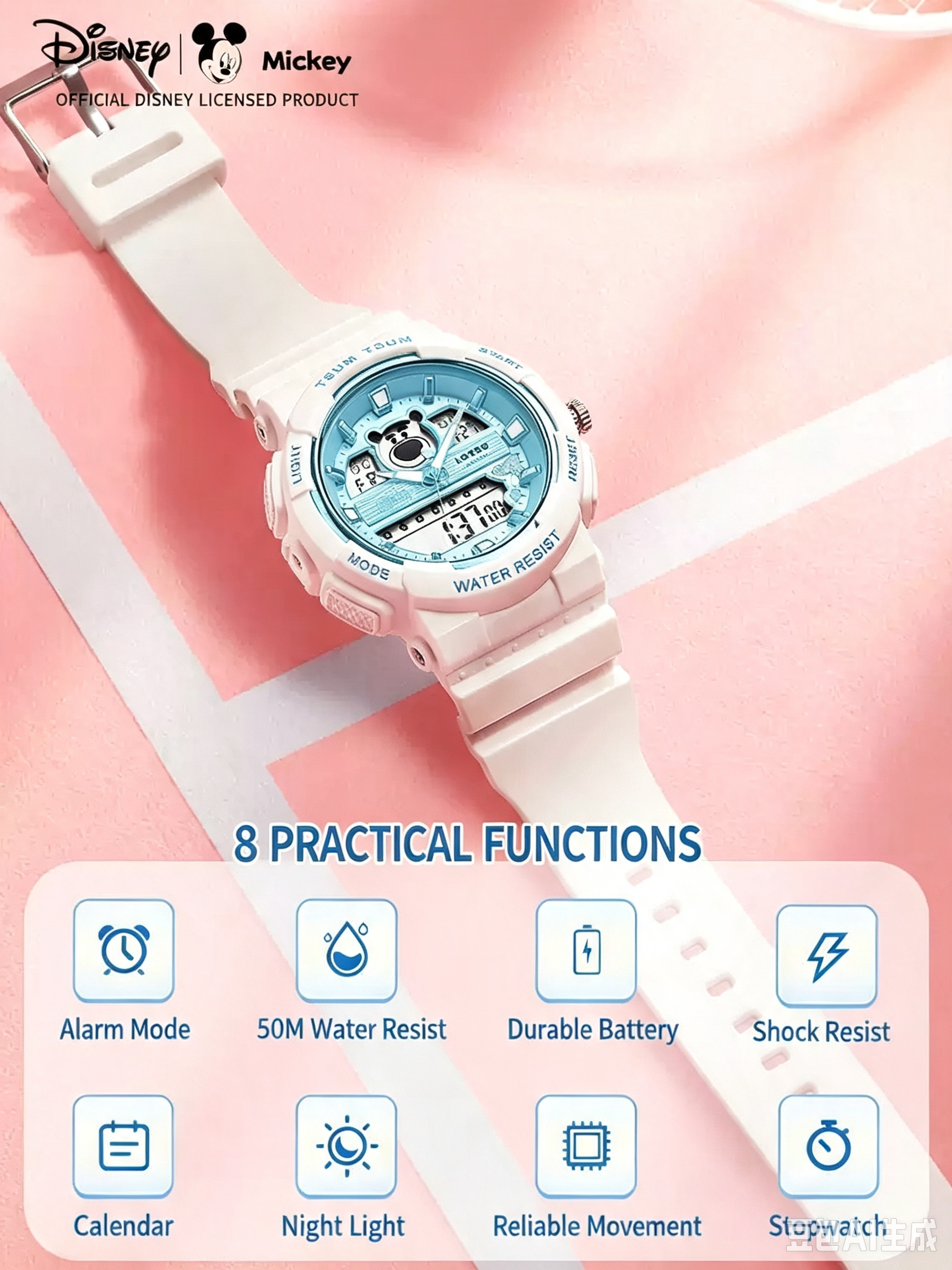 Disney Lotso TSUM TSUM Sports Watch, 50M Waterproof Shock Resistant Analog‑Digital Wrist Watch with Alarm Stopwatch Backlight Calendar, Student Teen Girls Gift Watch