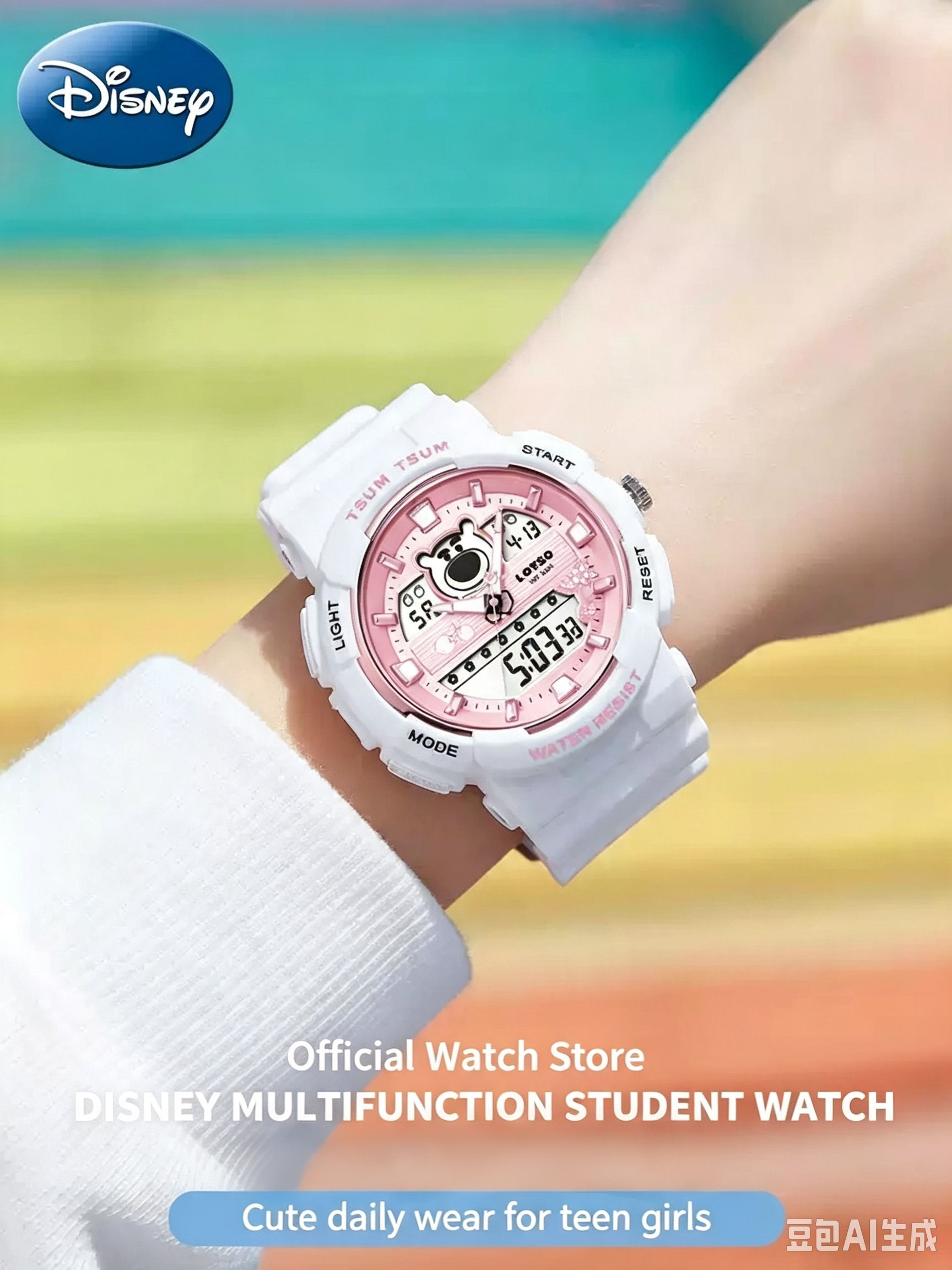 Disney Lotso TSUM TSUM Sports Watch, 50M Waterproof Shock Resistant Analog‑Digital Wrist Watch with Alarm Stopwatch Backlight Calendar, Student Teen Girls Gift Watch