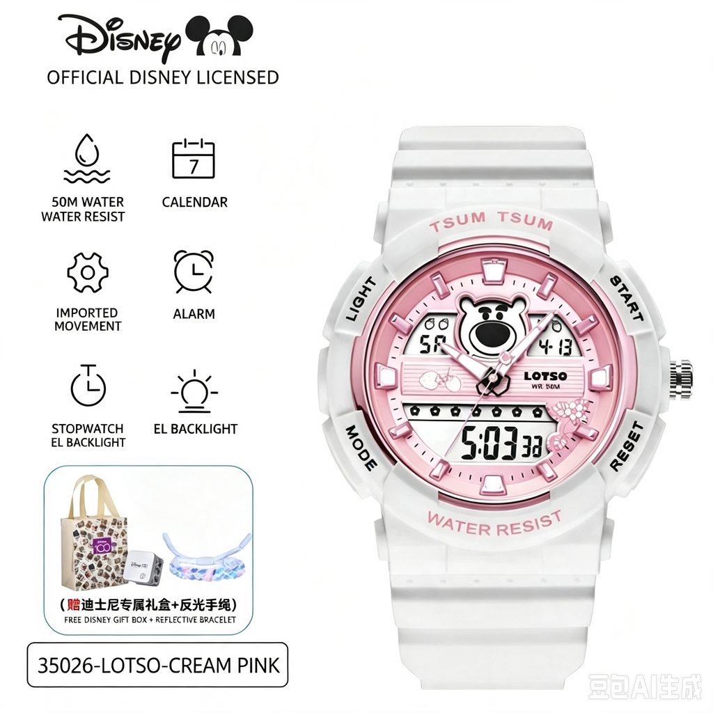 Disney Lotso TSUM TSUM Sports Watch, 50M Waterproof Shock Resistant Analog‑Digital Wrist Watch with Alarm Stopwatch Backlight Calendar, Student Teen Girls Gift Watch