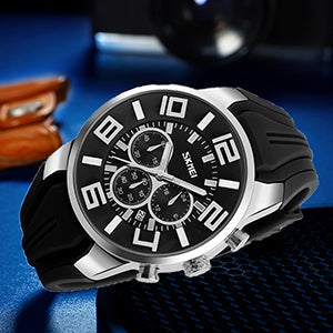 SKMEI Men Watches Silicone Band Young Waterproof Sports Fashion Casual Large Big Face Chronograph Luxury Luminous Analog Quartz Black Wrist Watch Gifts