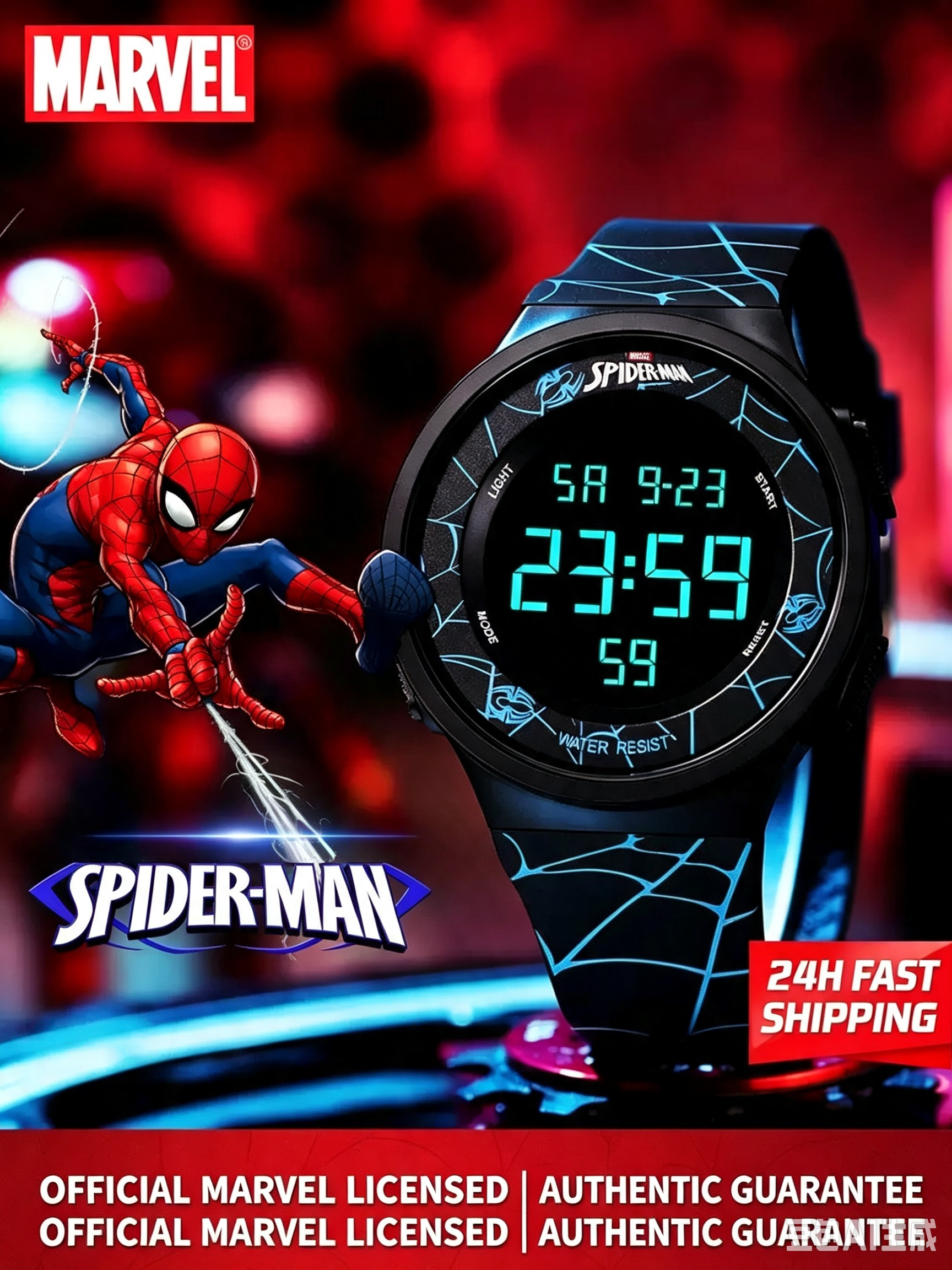 Official Marvel Spider‑Man Digital Sports Watch, 50M Waterproof Shock Resistant Wrist Watch with Alarm Stopwatch LED Backlight Calendar 12/24H, Teen Boys Student Gift Watch