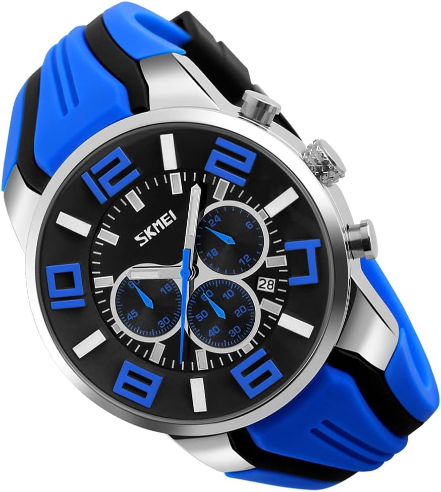 SKMEI Men Watches Silicone Band Young Waterproof Sports Fashion Casual Large Big Face Chronograph Luxury Luminous Analog Quartz Black Wrist Watch Gifts