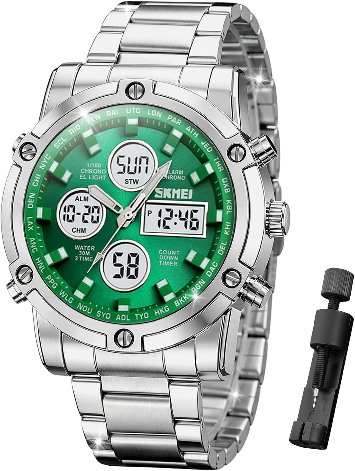 SKMEI Mens Wrist Watch, Waterproof Military Analog Digital Watches with LED Multi Time Chronograph, Stainless Steel Business Watches for Men