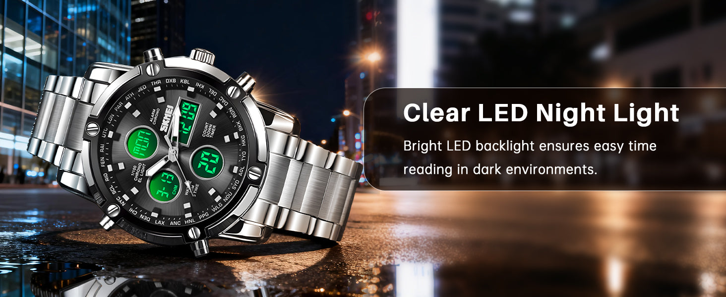 SKMEI Mens Wrist Watch, Waterproof Military Analog Digital Watches with LED Multi Time Chronograph, Stainless Steel Business Watches for Men