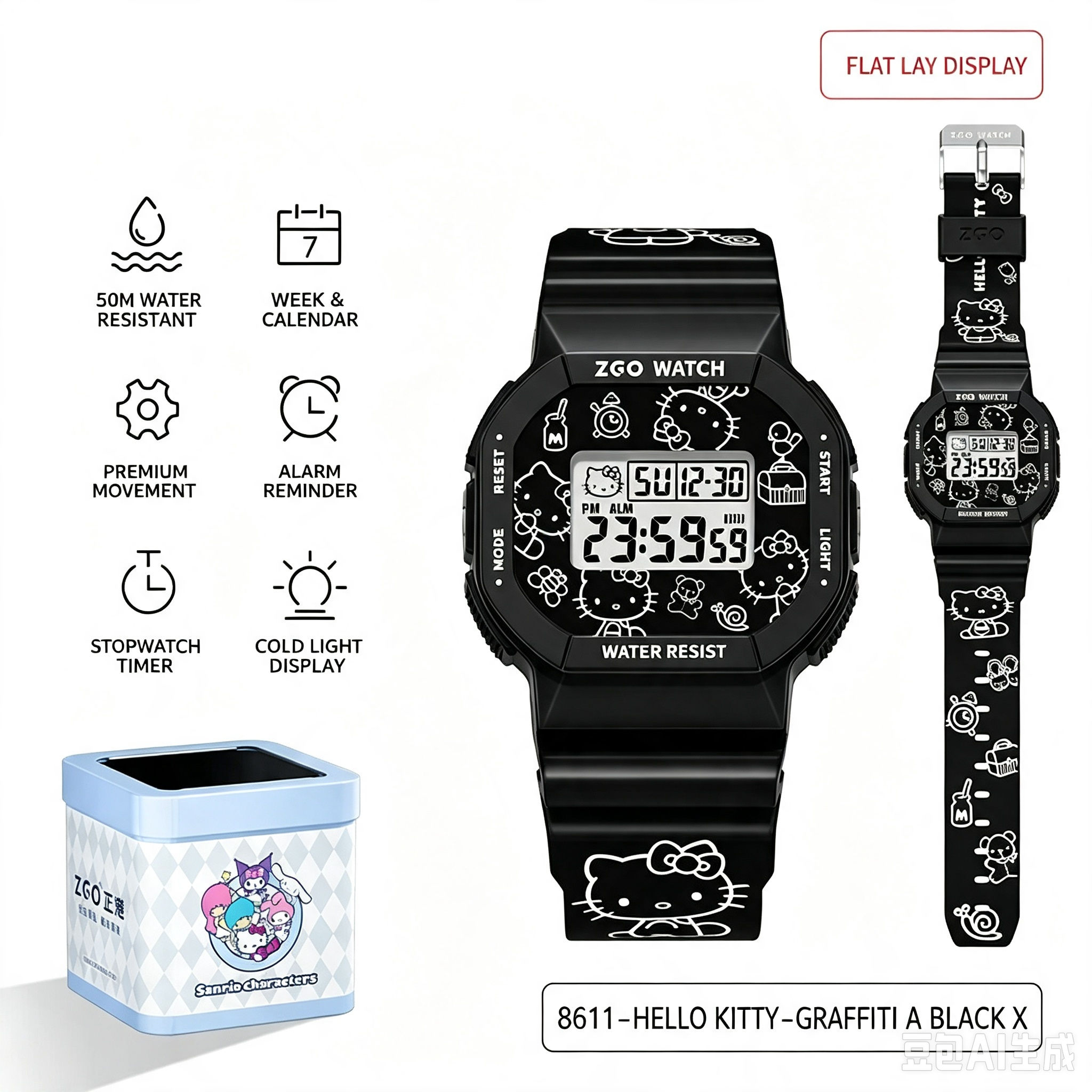 ZGO x Sanrio Hello Kitty Digital Watch, Officially Licensed 50M Water Resistant Graffiti Style Electronic Wrist Watch for Students Teens Girls