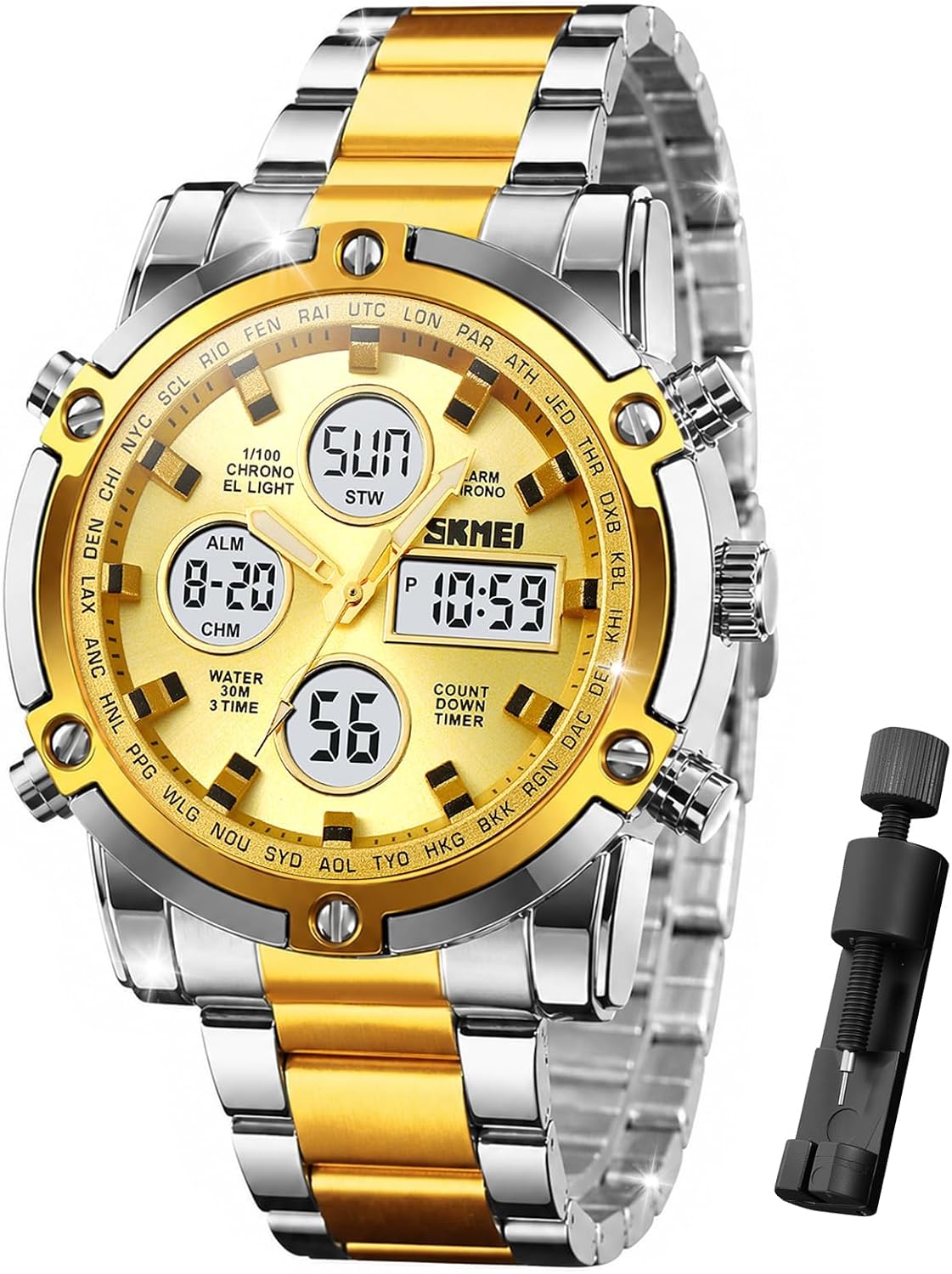 SKMEI Mens Wrist Watch, Waterproof Military Analog Digital Watches with LED Multi Time Chronograph, Stainless Steel Business Watches for Men