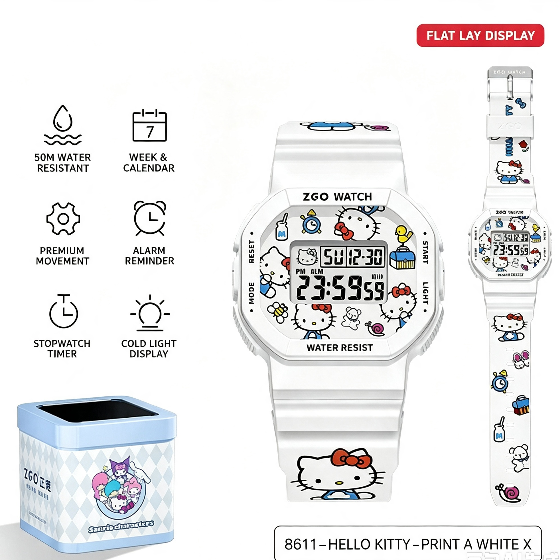 ZGO x Sanrio Hello Kitty Digital Watch, Officially Licensed 50M Water Resistant Color Print Electronic Wrist Watch for Students Teens Girls