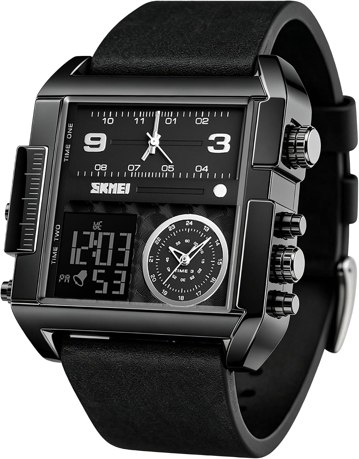 SKMEI Men's Digital Sports Watch, LED Square Large Face Analog Quartz Wrist Watch with Multi-Time Zone Waterproof Stopwatch