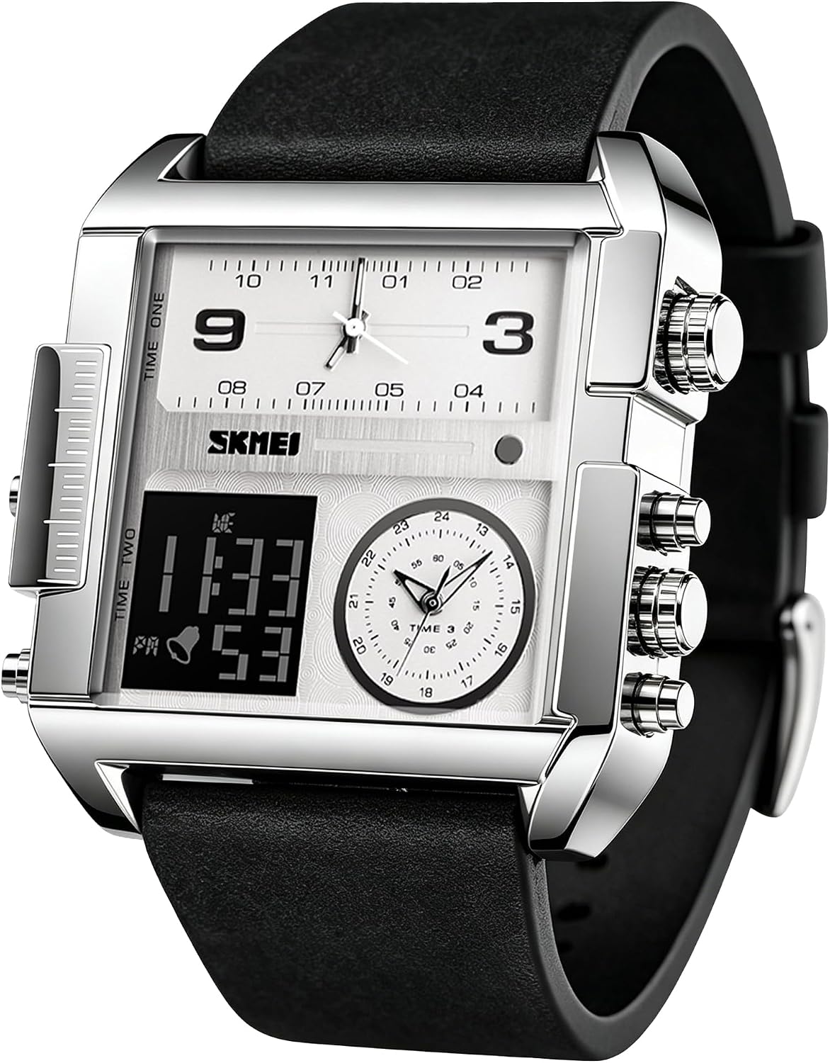 SKMEI Men's Digital Sports Watch, LED Square Large Face Analog Quartz Wrist Watch with Multi-Time Zone Waterproof Stopwatch