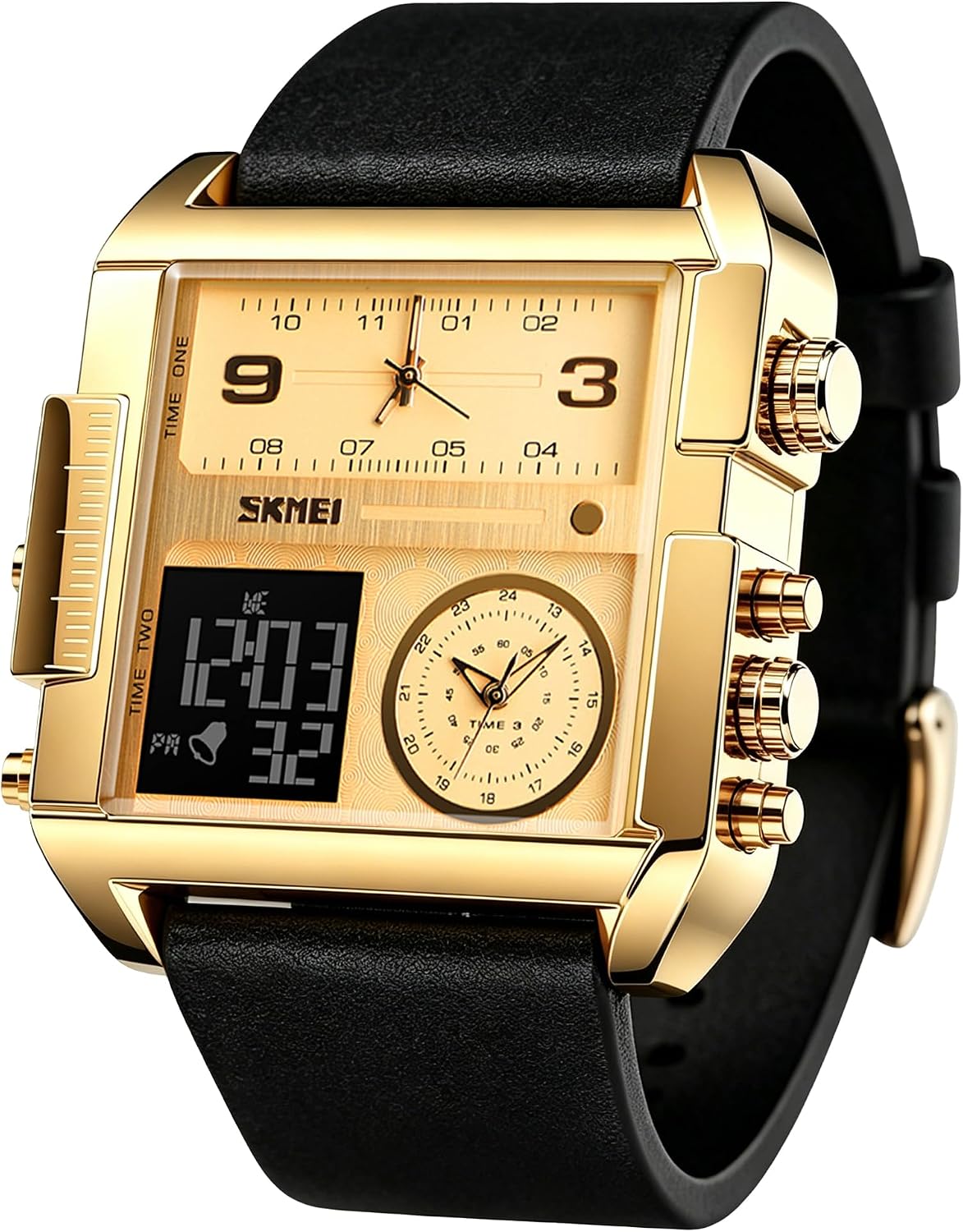 SKMEI Men's Digital Sports Watch, LED Square Large Face Analog Quartz Wrist Watch with Multi-Time Zone Waterproof Stopwatch