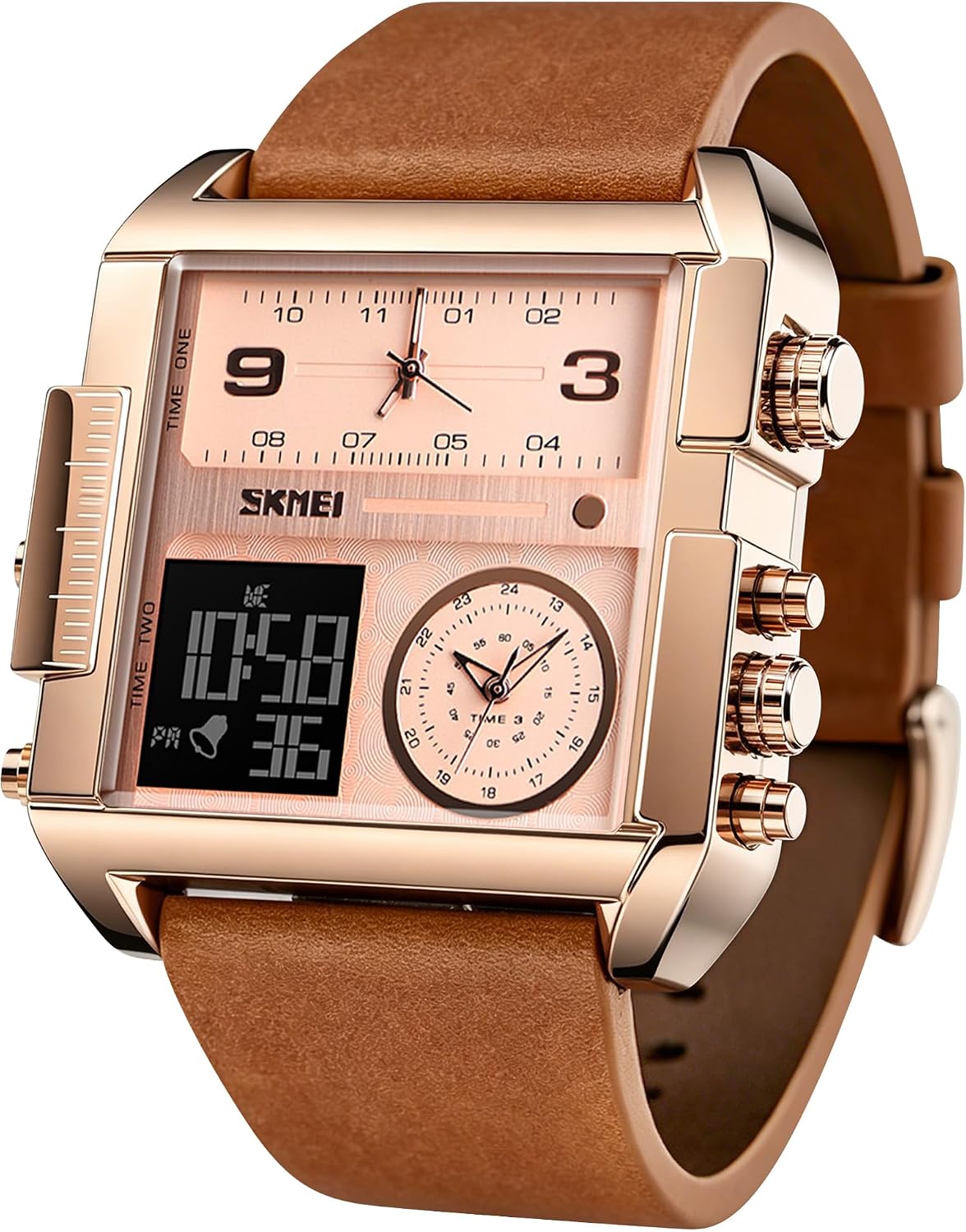SKMEI Men's Digital Sports Watch, LED Square Large Face Analog Quartz Wrist Watch with Multi-Time Zone Waterproof Stopwatch