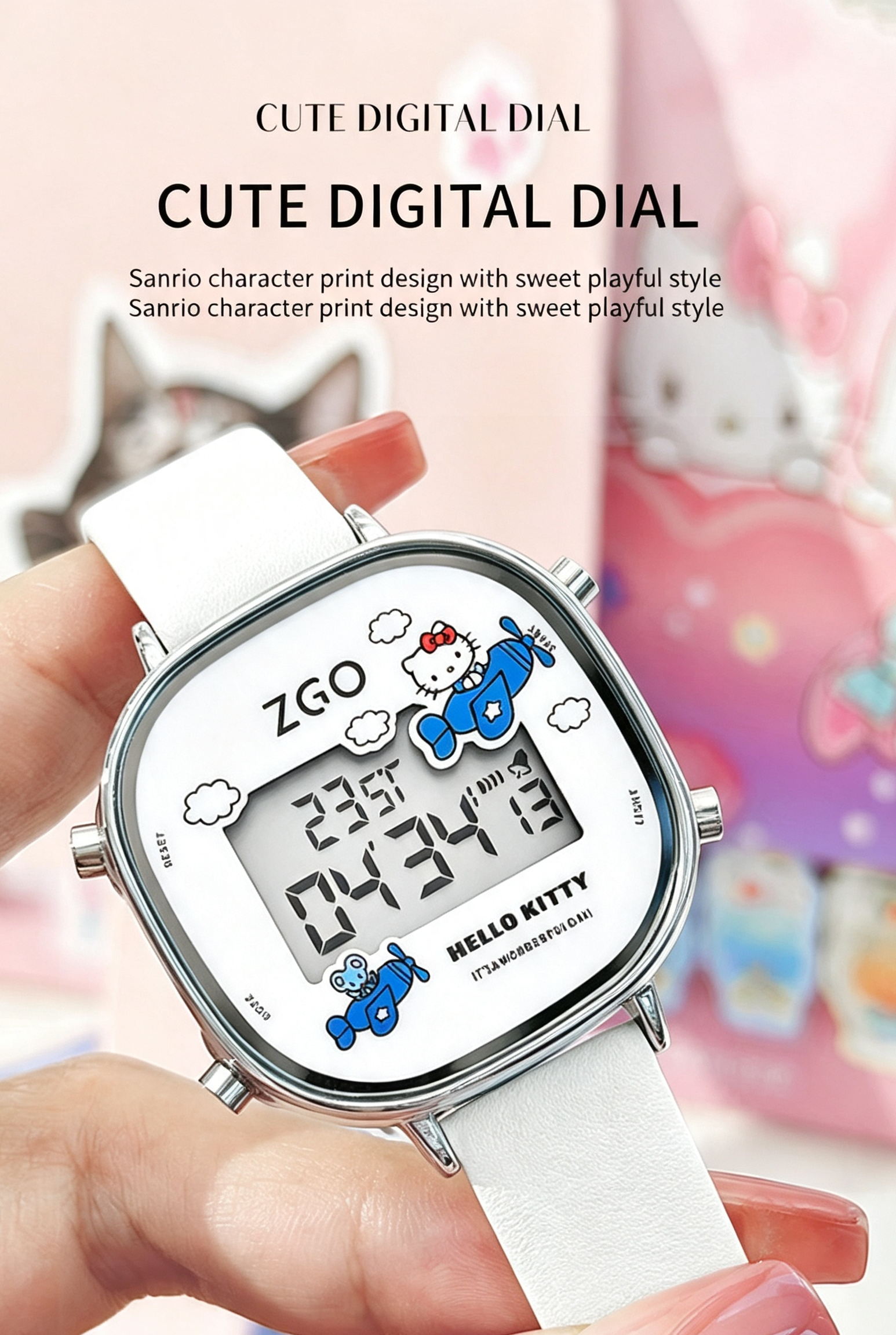 ZGO × Sanrio Hello Kitty Rounded‑Square PU Leather Digital Watch