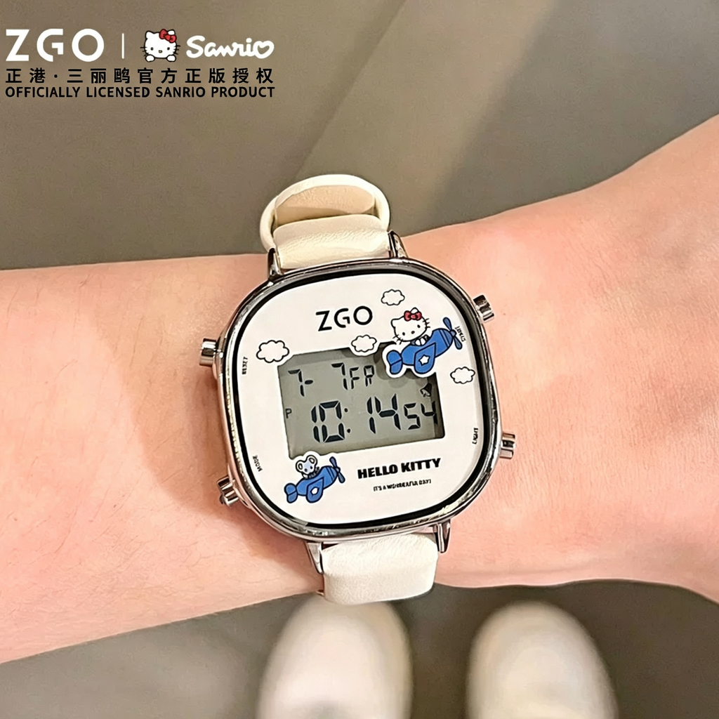 ZGO × Sanrio Hello Kitty Rounded‑Square PU Leather Digital Watch
