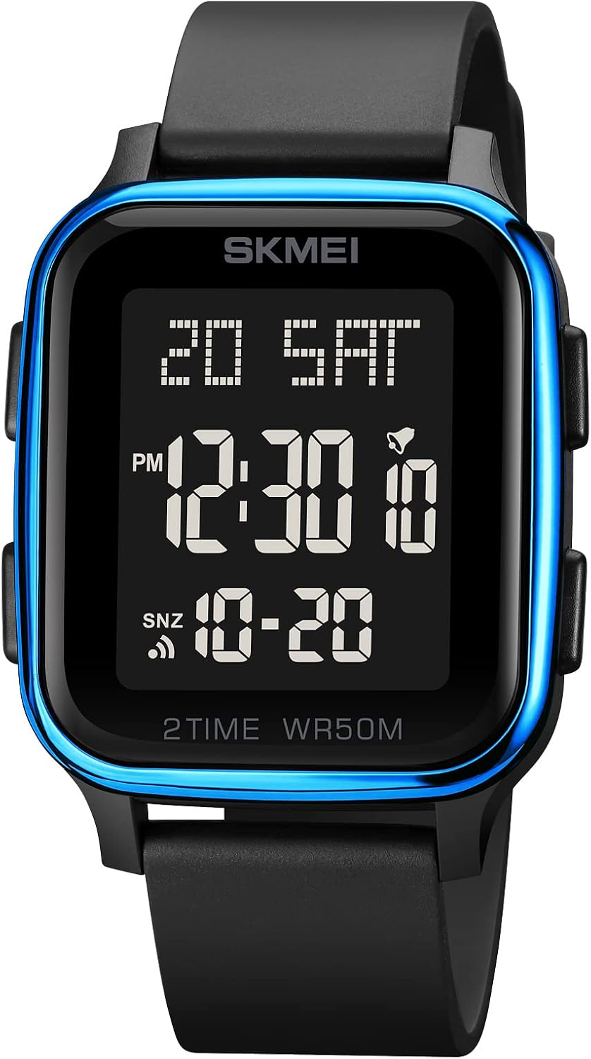 SKMEI Watches for Men,Military Square Ultra-Thin Digital Women Watch with Dual Time 50M Waterproof LED Light Alarm Stopwatch Unisex Sports Watch