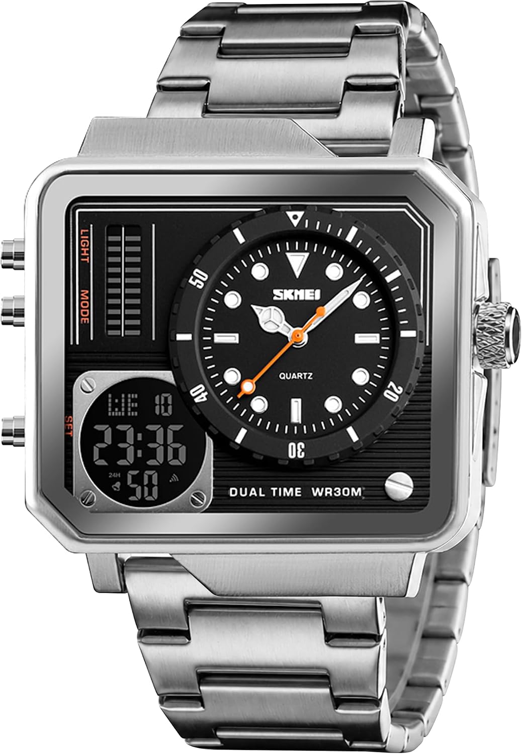 SKMEI Men's Digital Sports Watch, LED Square Large Face Analog Quartz Wrist Watch with Multi-Time Zone Waterproof Stopwatch