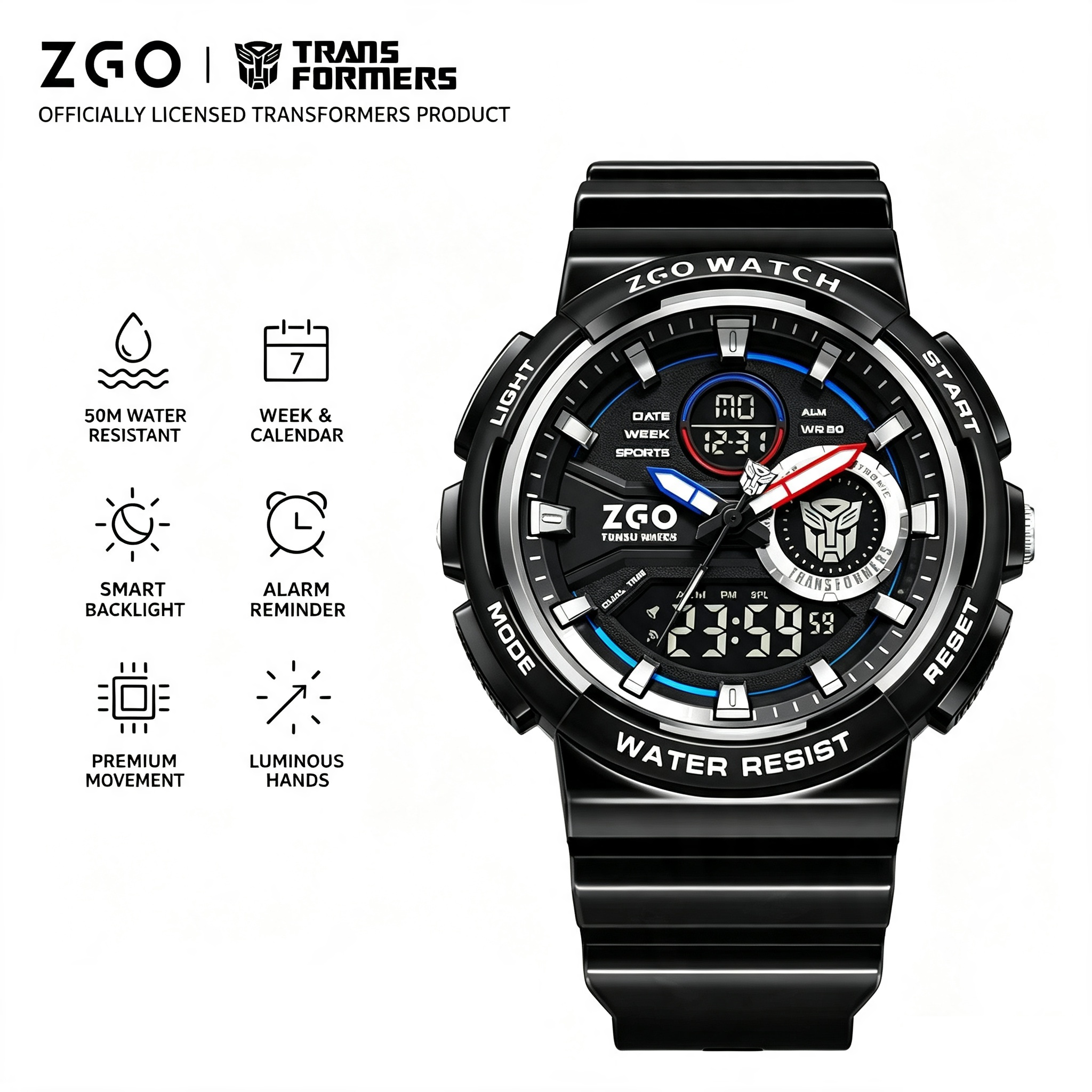 ZGO x Transformers Officially Licensed Dual‑Display Sports Watch, 50M Water Resistant Wrist Watch with Smart Backlight, Alarm, Week Calendar & Luminous Hands for Boys Teens