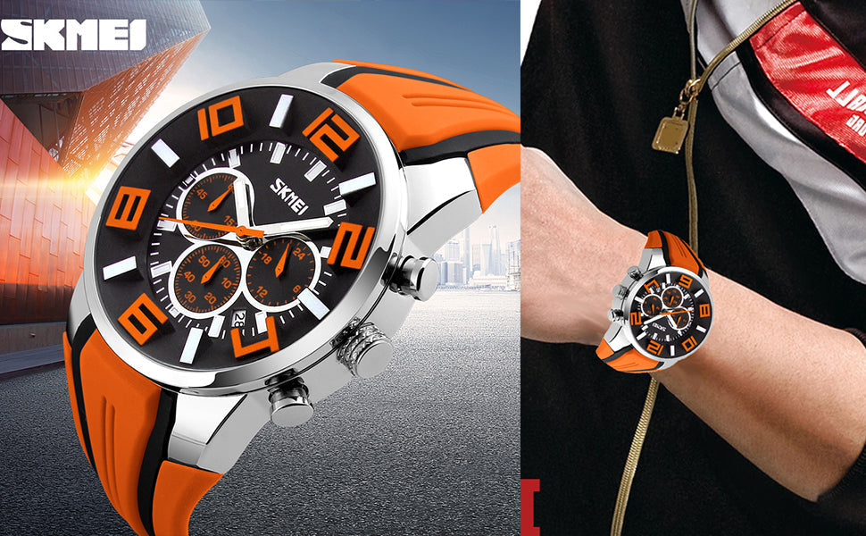 SKMEI Men Watches Silicone Band Young Waterproof Sports Fashion Casual Large Big Face Chronograph Luxury Luminous Analog Quartz Black Wrist Watch Gifts