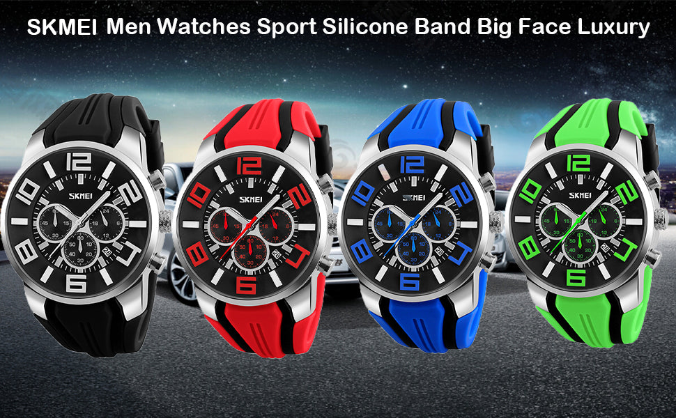 SKMEI Men Watches Silicone Band Young Waterproof Sports Fashion Casual Large Big Face Chronograph Luxury Luminous Analog Quartz Black Wrist Watch Gifts