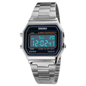 SNE Men's Digital Watch Stainless Steel Band Water Resistant Electronic Square LED Back Light Wristwatch
