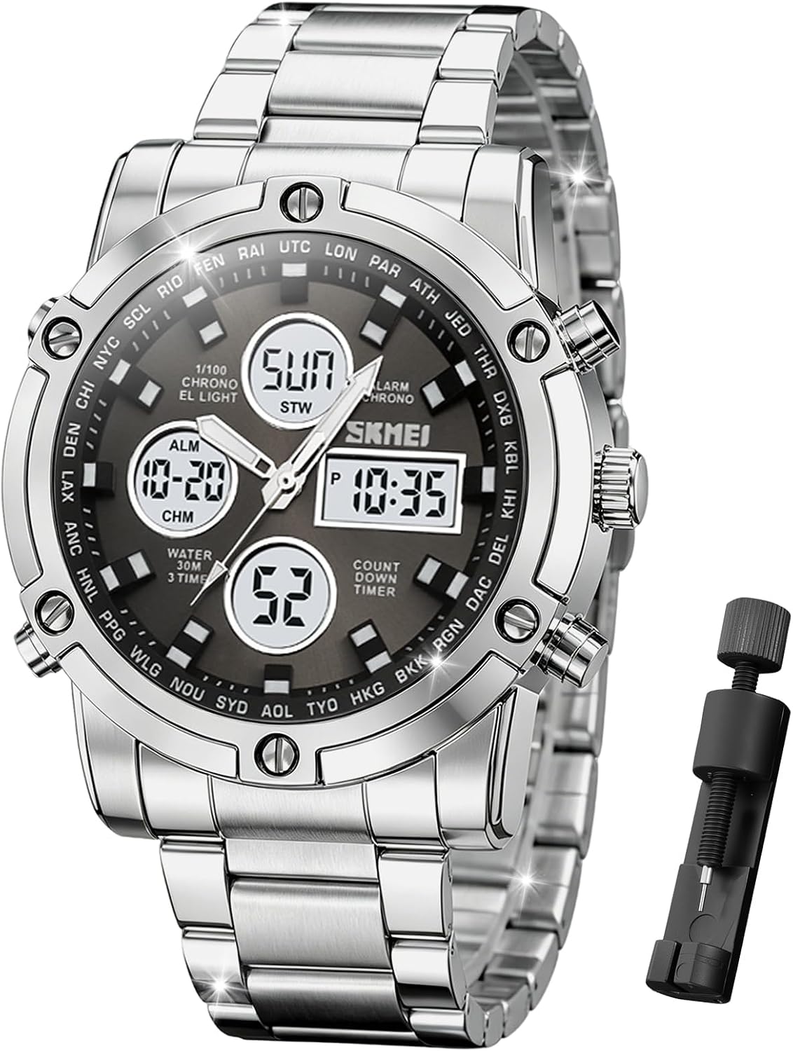 SKMEI Mens Wrist Watch, Waterproof Military Analog Digital Watches with LED Multi Time Chronograph, Stainless Steel Business Watches for Men