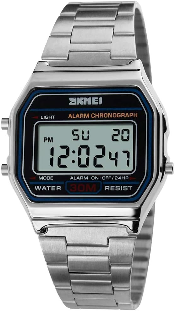 SNE Men's Digital Watch Stainless Steel Band Water Resistant Electronic Square LED Back Light Wristwatch