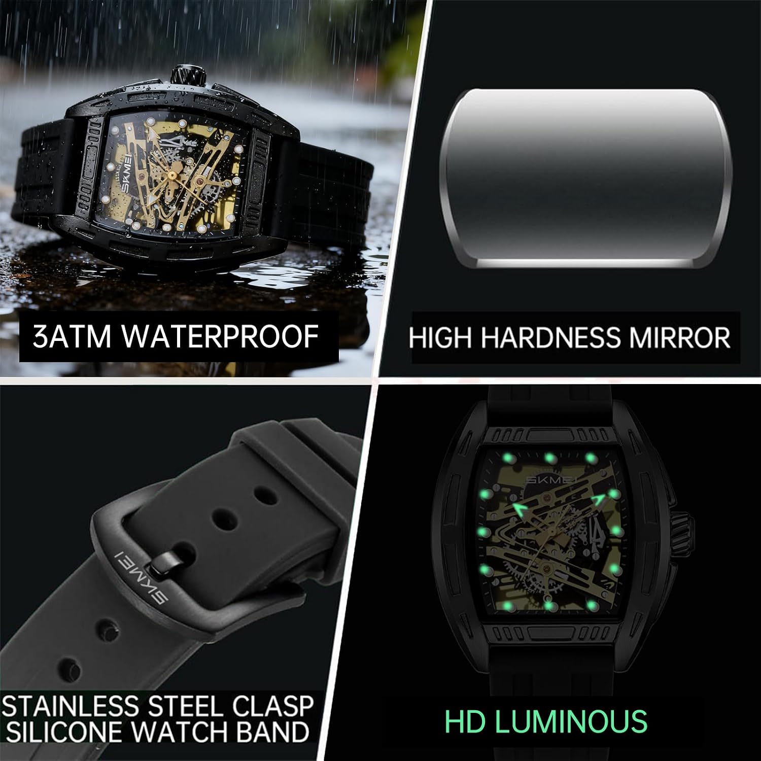 SKMEI Watches for Men,Luxury Square Mechanical Skeleton Mens Watches with 3ATM Waterproof Luminous Silicone Strap Janpanese Movement Wrist Watch