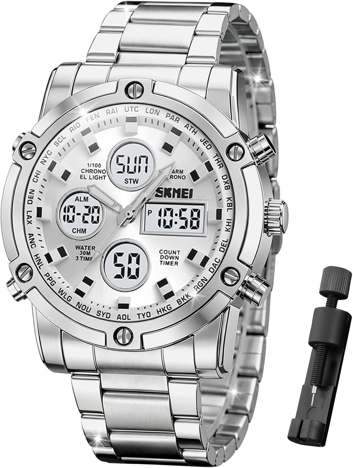 SKMEI Mens Wrist Watch, Waterproof Military Analog Digital Watches with LED Multi Time Chronograph, Stainless Steel Business Watches for Men