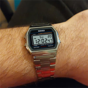 SNE Men's Digital Watch Stainless Steel Band Water Resistant Electronic Square LED Back Light Wristwatch