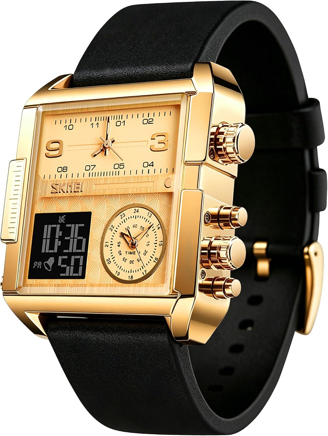 SKMEI Men's Digital Sports Watch, LED Square Large Face Analog Quartz Wrist Watch with Multi-Time Zone Waterproof Stopwatch