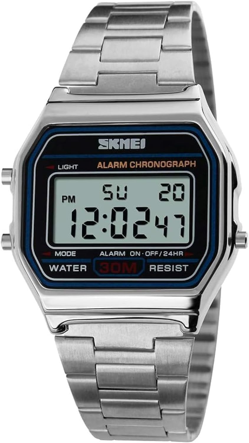 SNE Men's Digital Watch Stainless Steel Band Water Resistant Electronic Square LED Back Light Wristwatch
