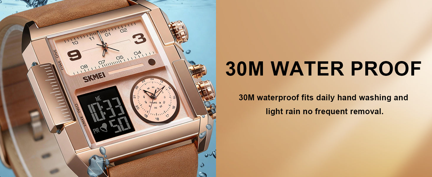SKMEI Men's Digital Sports Watch, LED Square Large Face Analog Quartz Wrist Watch with Multi-Time Zone Waterproof Stopwatch