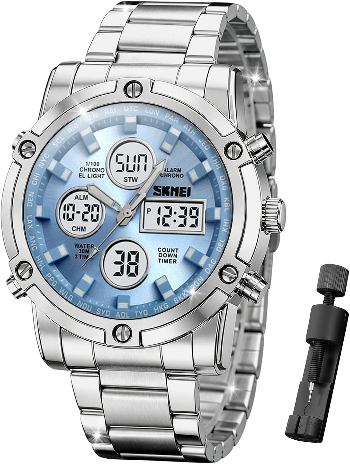 SKMEI Mens Wrist Watch, Waterproof Military Analog Digital Watches with LED Multi Time Chronograph, Stainless Steel Business Watches for Men