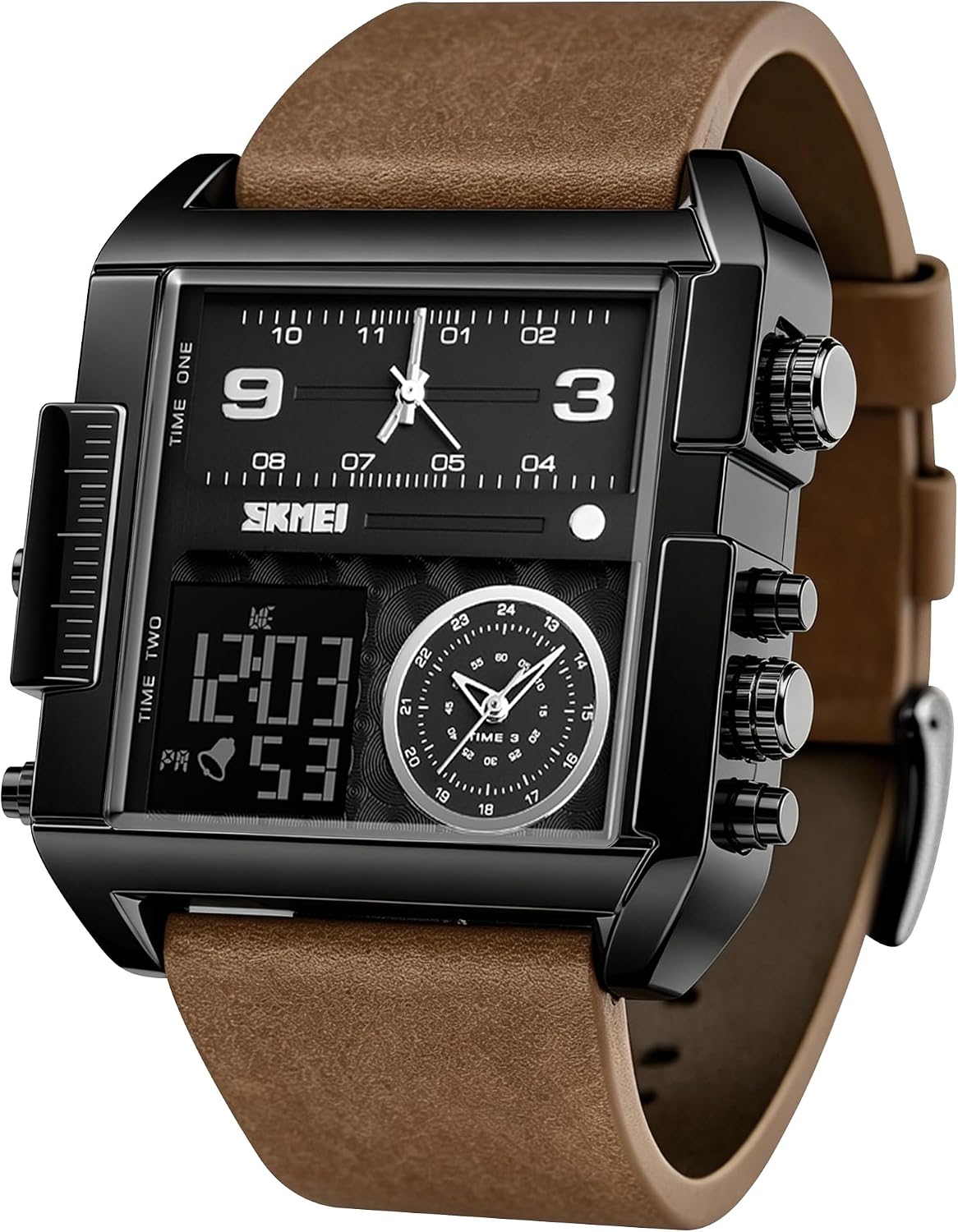 SKMEI Men's Digital Sports Watch, LED Square Large Face Analog Quartz Wrist Watch with Multi-Time Zone Waterproof Stopwatch