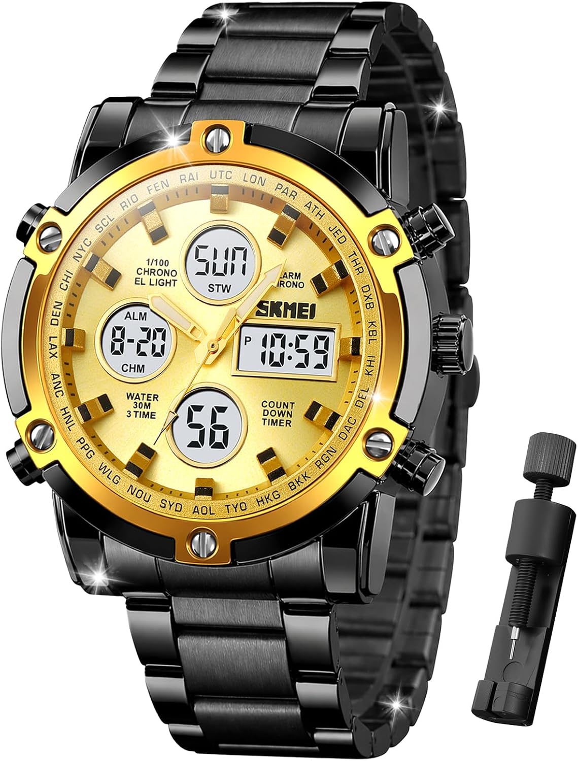 SKMEI Mens Wrist Watch, Waterproof Military Analog Digital Watches with LED Multi Time Chronograph, Stainless Steel Business Watches for Men