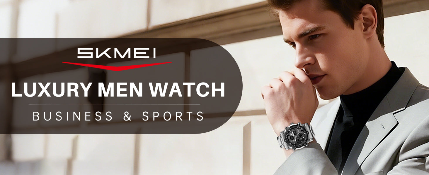 SKMEI Mens Wrist Watch, Waterproof Military Analog Digital Watches with LED Multi Time Chronograph, Stainless Steel Business Watches for Men
