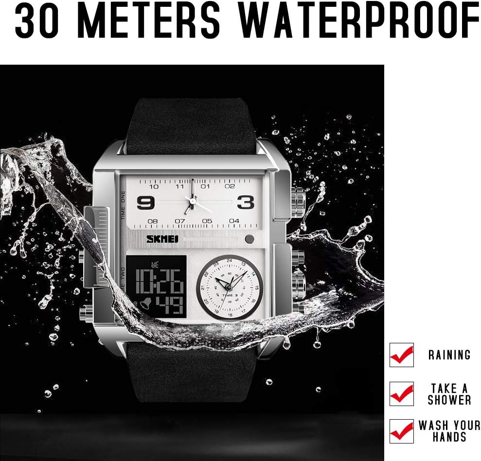 SKMEI Men's Digital Sports Watch, LED Square Large Face Analog Quartz Wrist Watch with Multi-Time Zone Waterproof Stopwatch
