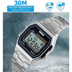 SNE Men's Digital Watch Stainless Steel Band Water Resistant Electronic Square LED Back Light Wristwatch