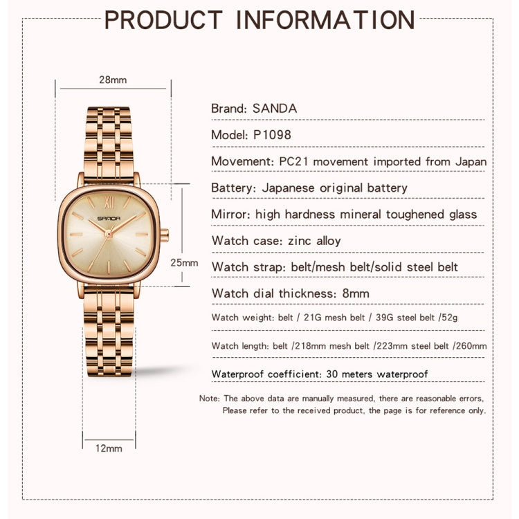 SANDA P1098 Simple Bar Scale Oval Dial Quartz Watch for Women